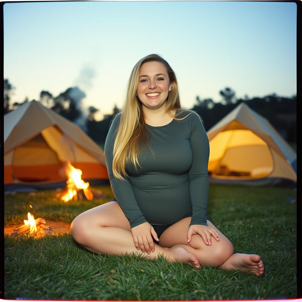 An analog photo of a chubby woman with long blonde hair, exuding happiness and a cheerful smile