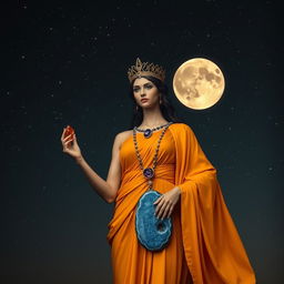 The Goddess of Dawn stands regally, wearing a flowing saffron-colored dress that complements the morning light