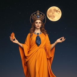 The Goddess of Dawn stands regally, wearing a flowing saffron-colored dress that complements the morning light