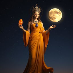 The Goddess of Dawn stands regally, wearing a flowing saffron-colored dress that complements the morning light