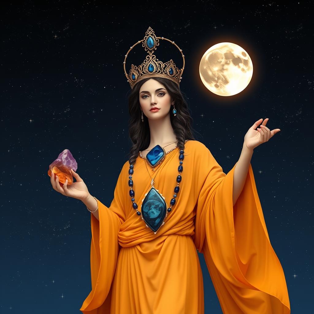 The Goddess of Dawn stands regally, wearing a flowing saffron-colored dress that complements the morning light