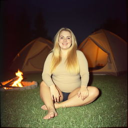 An analog photo of a chubby woman with long blonde hair, looking happy and smiling with her gorgeous, perfect eyes