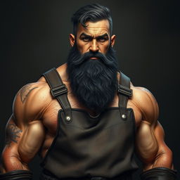 A portrait of Thorne, a tall and muscular blacksmith, exuding strength and focus