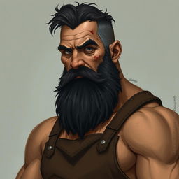 A portrait of Thorne, a tall and muscular blacksmith, exuding strength and focus