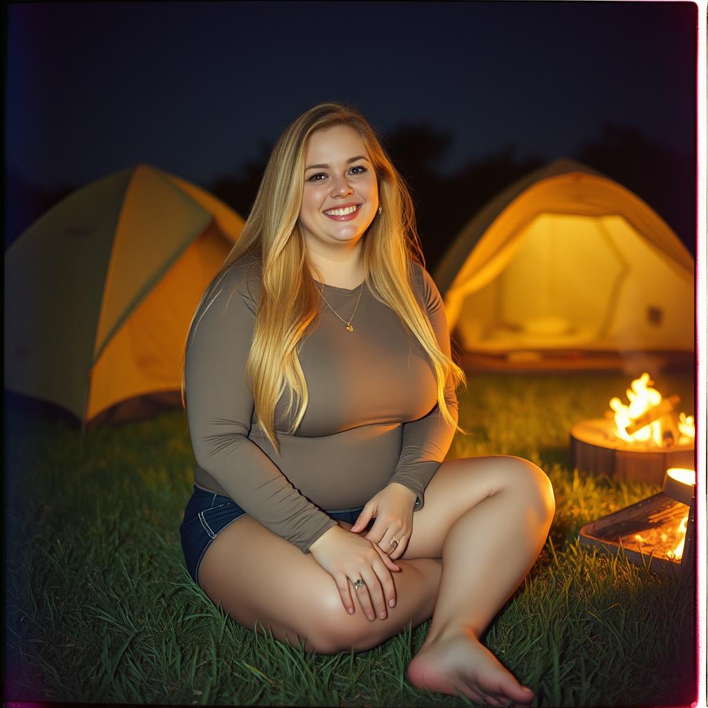 An analog photo of a chubby woman with long blonde hair, looking happy and smiling with her gorgeous, perfect eyes