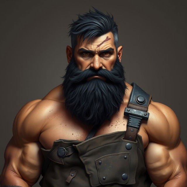 A portrait of Thorne, a tall and muscular blacksmith, exuding strength and focus