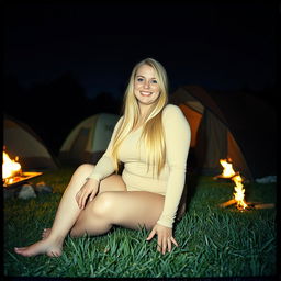 An analog photo of a chubby woman with long blonde hair, looking happy and smiling with her gorgeous, perfect eyes