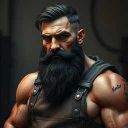 A portrait of Thorne, a tall and muscular blacksmith, exuding strength and focus