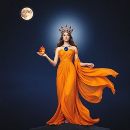 The Dawn Goddess stands with poise, dressed in a flowing saffron-colored gown that epitomizes the first light of day