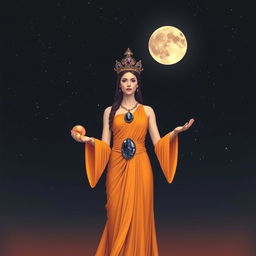 The Dawn Goddess stands with poise, dressed in a flowing saffron-colored gown that epitomizes the first light of day