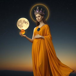 The Dawn Goddess stands with poise, dressed in a flowing saffron-colored gown that epitomizes the first light of day