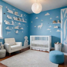 An uber creative version of the baby-proof nursery, with the walls sporting a whole host of imaginative, whimsical, and crazy designs. Maintaining the crisp blue and white color scheme, the designs range from zany animals to fantastical shapes, sparking endless joy and curiosity.