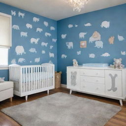 An uber creative version of the baby-proof nursery, with the walls sporting a whole host of imaginative, whimsical, and crazy designs. Maintaining the crisp blue and white color scheme, the designs range from zany animals to fantastical shapes, sparking endless joy and curiosity.