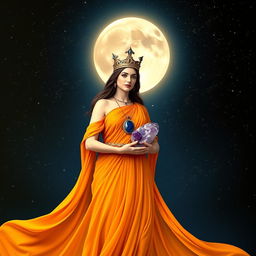 A Goddess stands majestically, draped in a flowing saffron-colored dress that embodies the essence of dawn