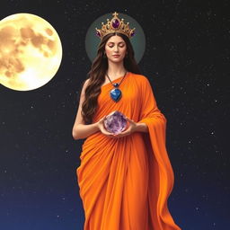 A Goddess stands majestically, draped in a flowing saffron-colored dress that embodies the essence of dawn