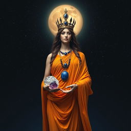 A Goddess stands majestically, draped in a flowing saffron-colored dress that embodies the essence of dawn