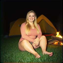 An analog photo of a chubby woman with long blonde hair, looking happy and smiling with her gorgeous, perfect eyes