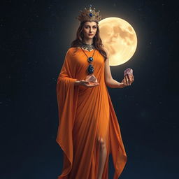 A Goddess stands majestically, draped in a flowing saffron-colored dress that embodies the essence of dawn