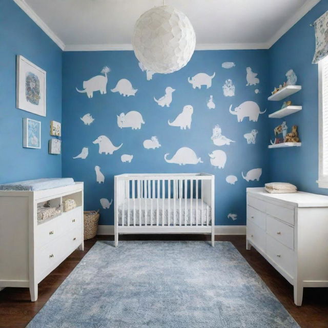 An uber creative version of the baby-proof nursery, with the walls sporting a whole host of imaginative, whimsical, and crazy designs. Maintaining the crisp blue and white color scheme, the designs range from zany animals to fantastical shapes, sparking endless joy and curiosity.