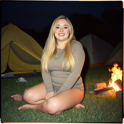 An analog photo of a chubby woman with long blonde hair, looking happy and smiling with her gorgeous, perfect eyes