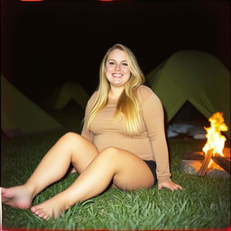 An analog photo of a chubby woman with long blonde hair, looking happy and smiling with her gorgeous, perfect eyes