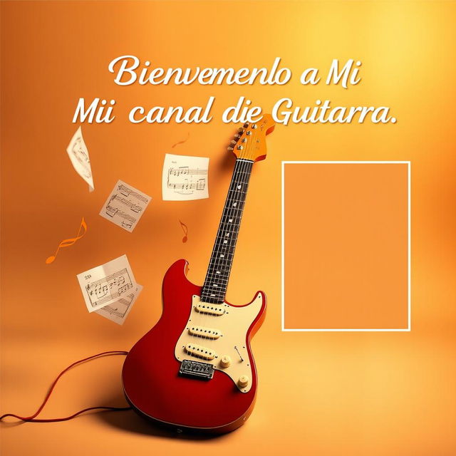 Miniatura llamativa para un video de introducción a tu canal de música centrado en la guitarra, con espacio reservado para insertar una foto tuya