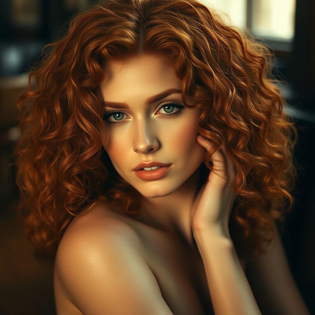 A sensual portrait of a redhead woman with vibrant, curly hair, featuring a warm and inviting atmosphere