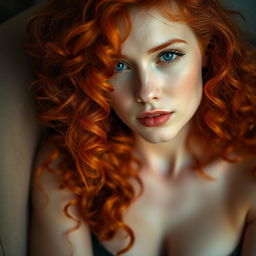 A sensual portrait of a redhead woman with vibrant, curly hair, featuring a warm and inviting atmosphere