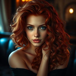 A sensual portrait of a redhead woman with vibrant, curly hair, featuring a warm and inviting atmosphere