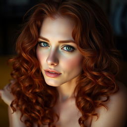 A sensual portrait of a redhead woman with vibrant, curly hair, featuring a warm and inviting atmosphere