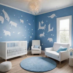 An uber creative version of the baby-proof nursery, with the walls sporting a whole host of imaginative, whimsical, and crazy designs. Maintaining the crisp blue and white color scheme, the designs range from zany animals to fantastical shapes, sparking endless joy and curiosity.