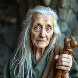 Seraphine, an elderly woman exuding a frail yet dignified presence, is portrayed