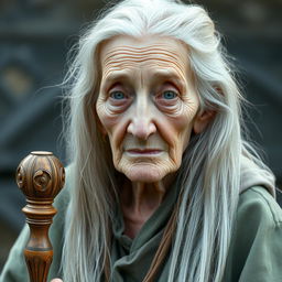 Seraphine, an elderly woman exuding a frail yet dignified presence, is portrayed