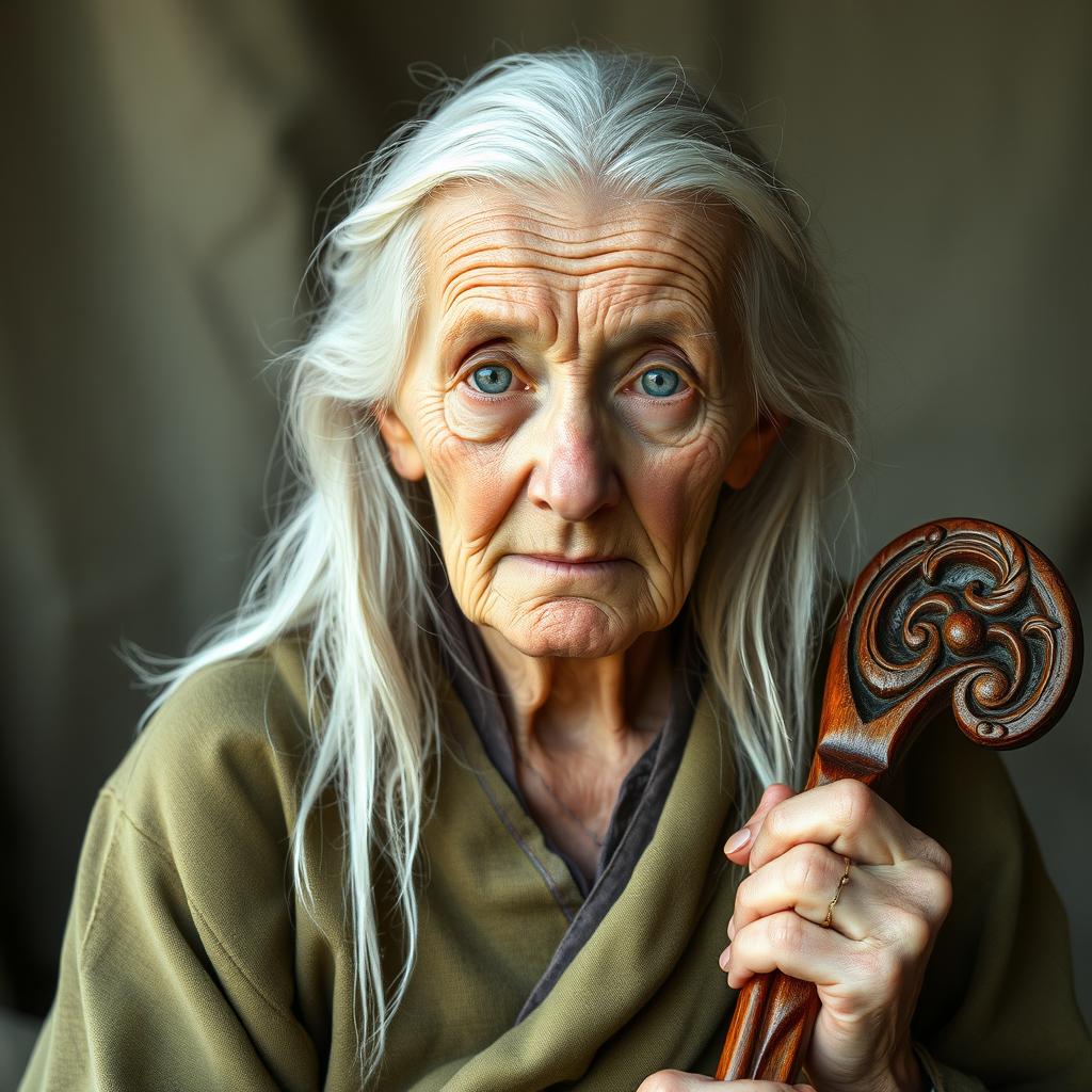 Seraphine, an elderly woman exuding a frail yet dignified presence, is portrayed