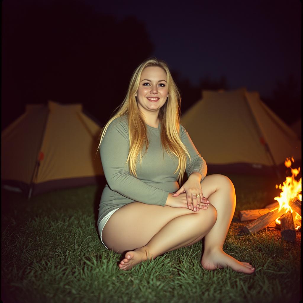 An analog photo of a chubby woman with long blonde hair, looking happy and smiling with her gorgeous, perfect eyes