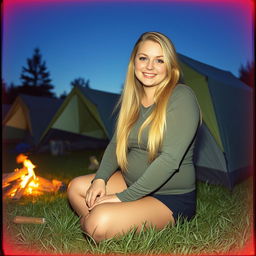 An analog photo of a chubby woman with long blonde hair, looking happy and smiling with her gorgeous, perfect eyes