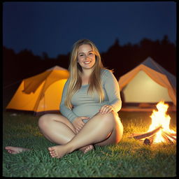 An analog photo of a chubby woman with long blonde hair, looking happy and smiling with her gorgeous, perfect eyes