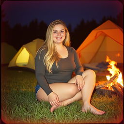 An analog photo of a chubby woman with long blonde hair, looking happy and smiling with her gorgeous, perfect eyes