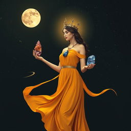 Luna, the Goddess of the Moon, stands gracefully in a flowing saffron-colored dress, embodying the serene beauty of the night