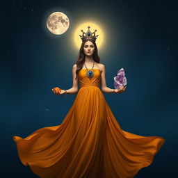 Luna, the Goddess of the Moon, stands gracefully in a flowing saffron-colored dress, embodying the serene beauty of the night