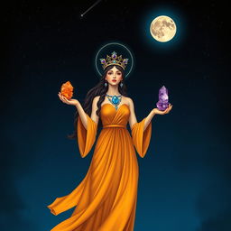 Luna, the Goddess of the Moon, stands gracefully in a flowing saffron-colored dress, embodying the serene beauty of the night