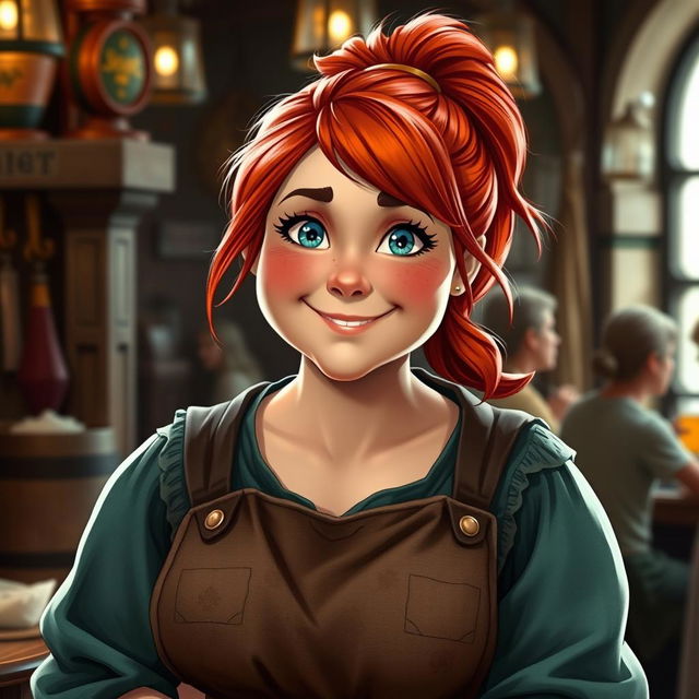 Mira, a sturdy and robust woman with a warm and welcoming presence, is captured in a lively tavern setting