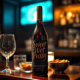 A close-up shot of a wine bottle placed on a dimly lit bar table