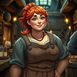 Mira, a sturdy and robust woman with a warm and welcoming presence, is captured in a lively tavern setting