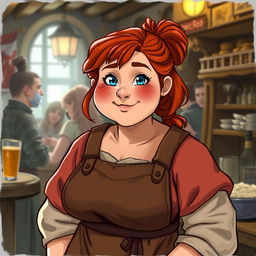 Mira, a sturdy and robust woman with a warm and welcoming presence, is captured in a lively tavern setting