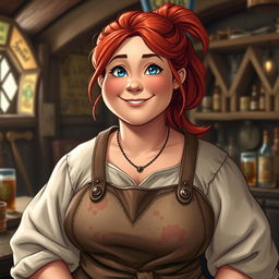 Mira, a sturdy and robust woman with a warm and welcoming presence, is captured in a lively tavern setting