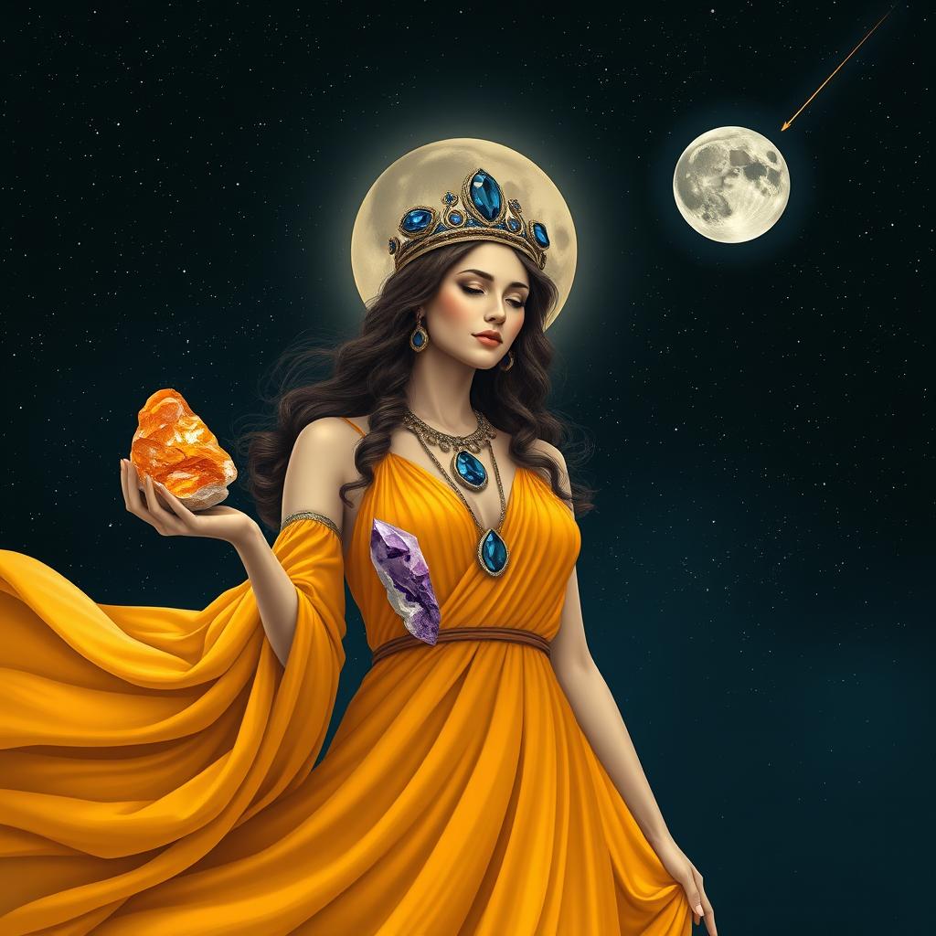 Luna, the Goddess of the Moon, is resplendent in a flowing saffron-colored dress that complements her lunar grace