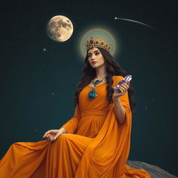 Luna, the Goddess of the Moon, is resplendent in a flowing saffron-colored dress that complements her lunar grace