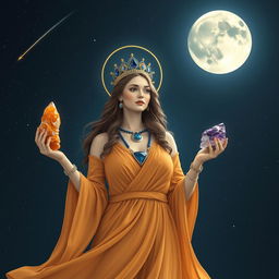 Luna, the Goddess of the Moon, is resplendent in a flowing saffron-colored dress that complements her lunar grace