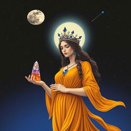 Luna, the Goddess of the Moon, is resplendent in a flowing saffron-colored dress that complements her lunar grace